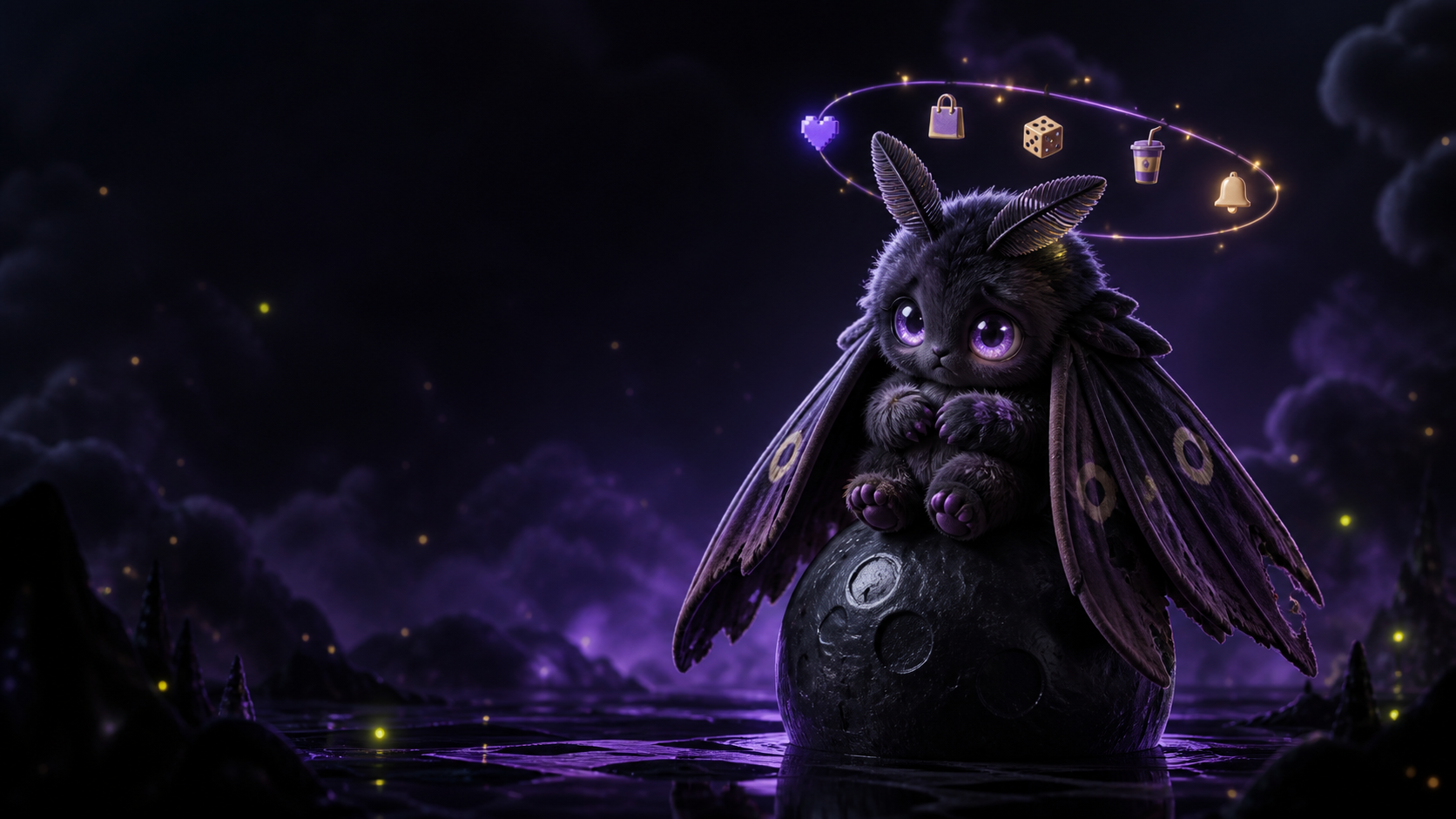 MORB, a violet-eyed moth surrounded by symbols of craving